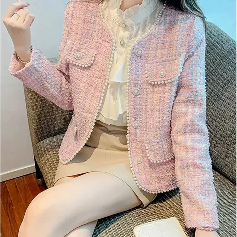 

Advanced Women O-Neck Tweed Coat Korean Female Fashion Leisure Short Jacket Autumn Winter New Ladies Long Sleeves Outwear Tops