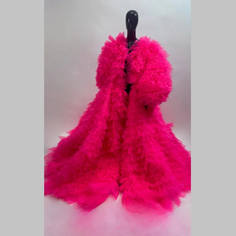 Amazing Fuchsia Ruffles Layered Tulle Long Jacket Women Formal Jacekt Full Sleeves Very Puffy Long Robe Outwear