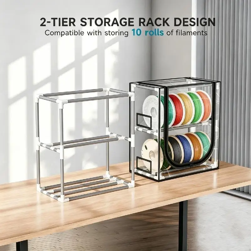 1 Set 2 Tiers Metal Filament Storage Rack With Trans Cover 3D Printer Filament Storage Box Holds Up To 20 Roll