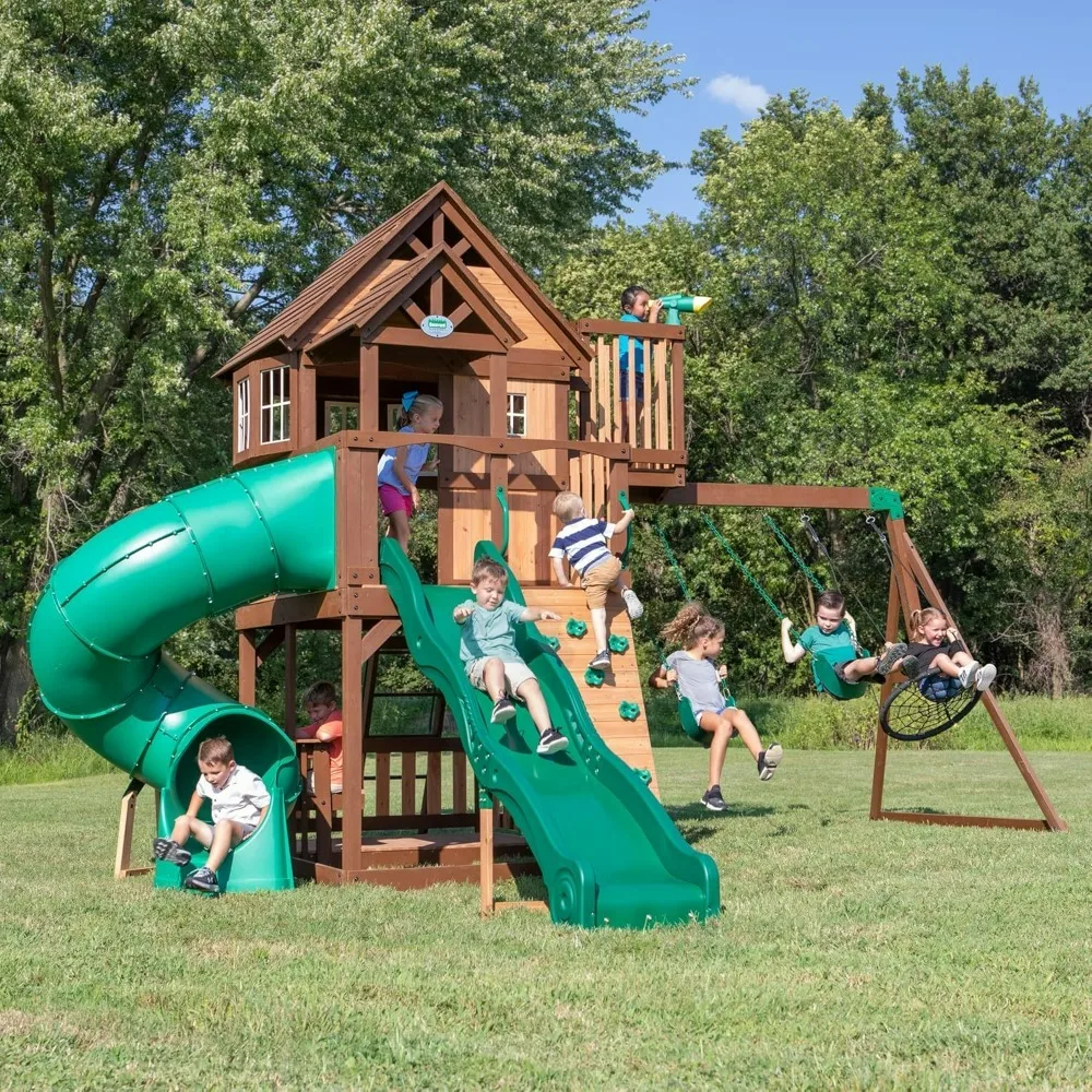 

All Cedar Swing Set, 2 Belt Swings, Web Swing, 10ft Wave Slide, 5ft Tube Slide, Covered Picnic Table, 5ft Rock Wall, Playhouses