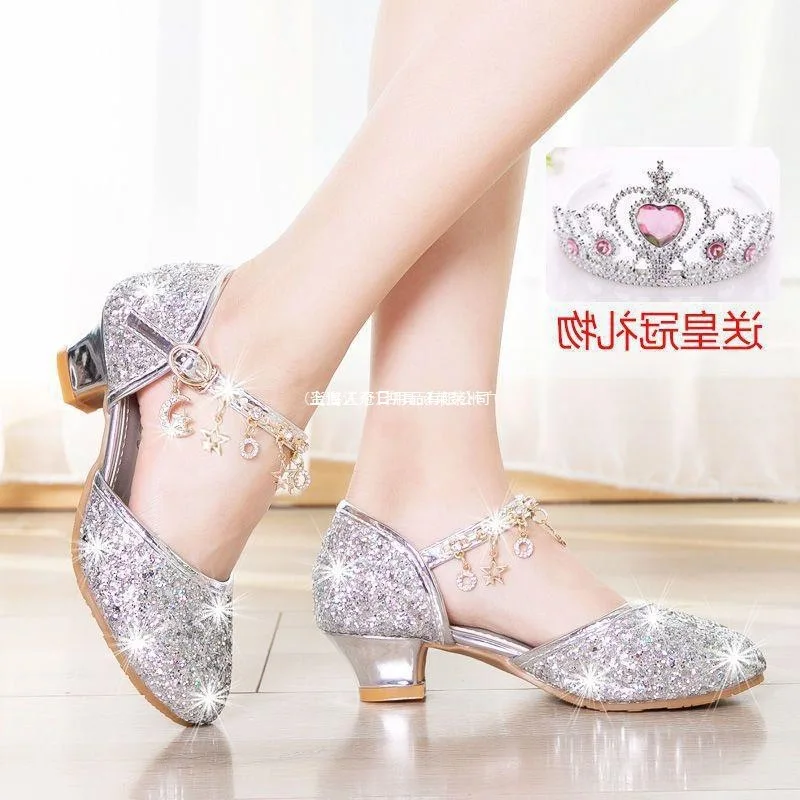 

Little Girls Heels Princess Shoes, Silver Dance Performance Pumps with Crystal, Student Party