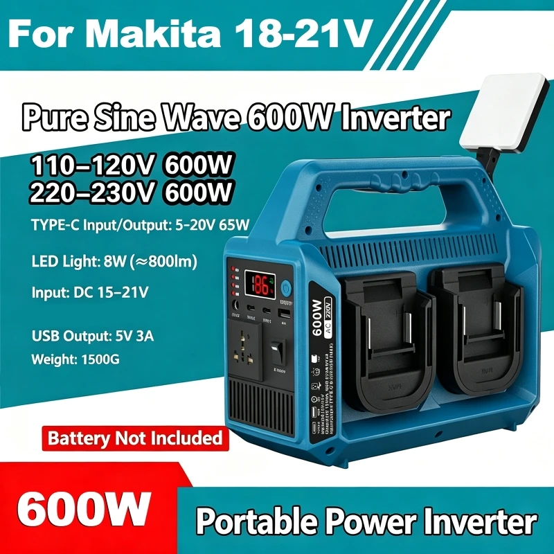 600W Pure Sine Wave Inverter for Makita Battery 4-Ports DC 18V-21V to AC 220V Voltage Converter with LED Light for Camping