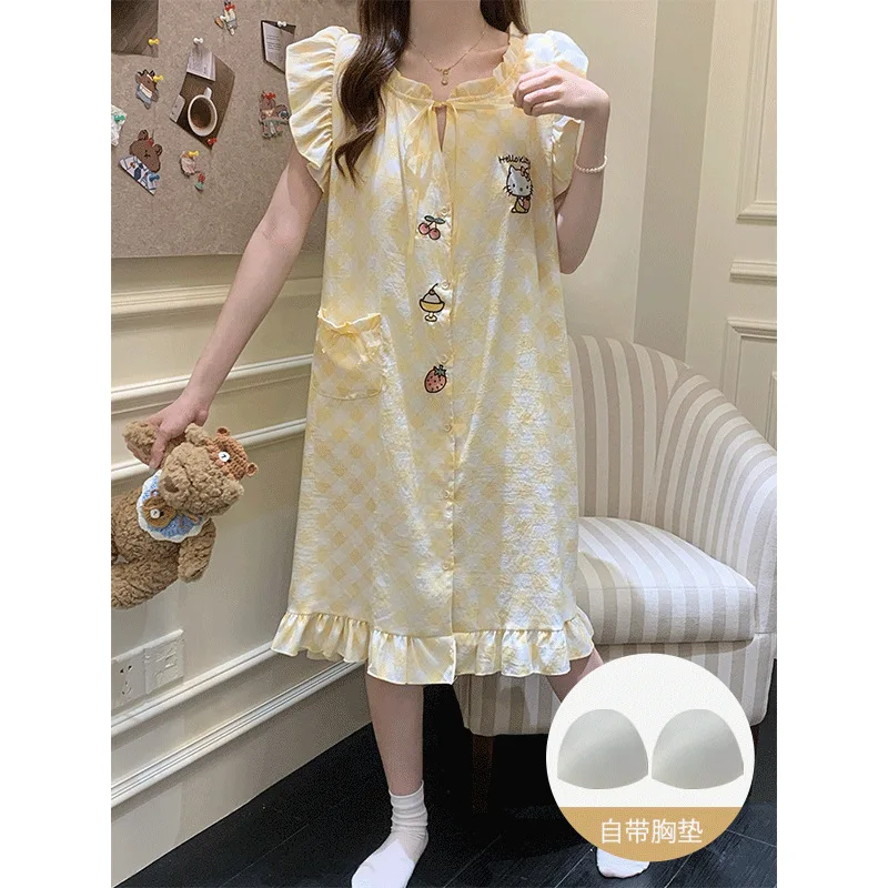 

Пижамное платье с изображением котенка и кошки для девочек, Sanrio, летняя одежда принцессы с героями мультфильмов Kawaii для отдыха, свободная юбка с короткими рукавами, домашняя одежда