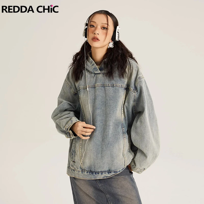 

REDDACHiC Y2k Denim Friends Hoodie with Hood Stitch Pullover Sweatshirt Oversized Long Sleeves Top 90s Vintage Women Streetwear