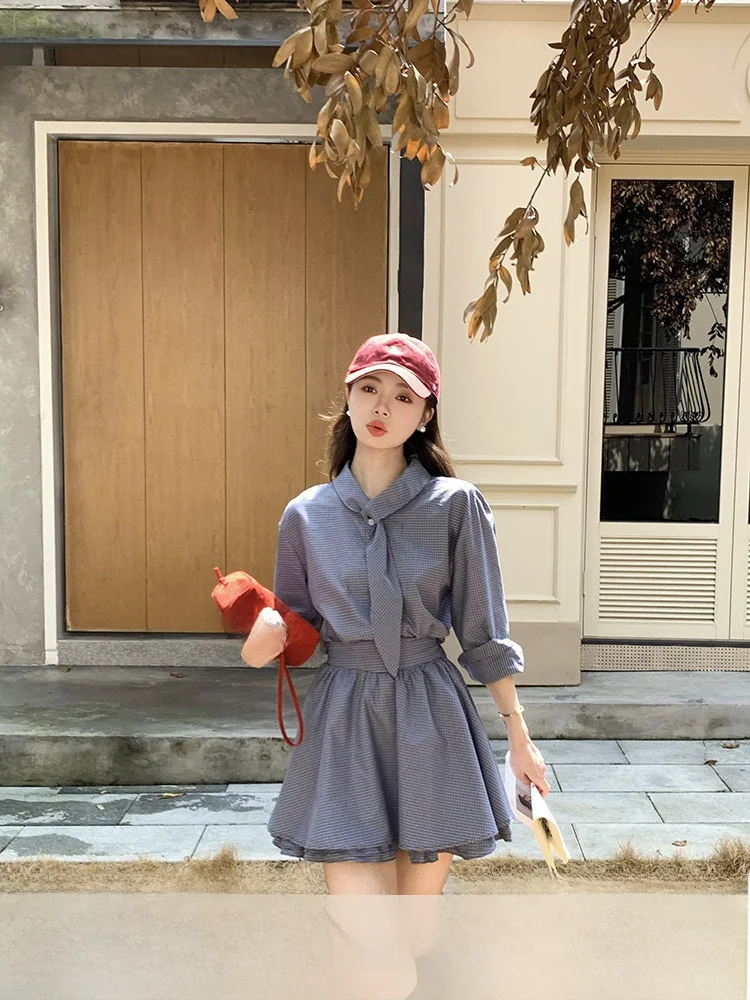 

Синий клетчатый комплект из рубашки и юбки: осенняя новинка, женский повседневный модный хлопковый комплект с длинным рукавом и короткой юбкой