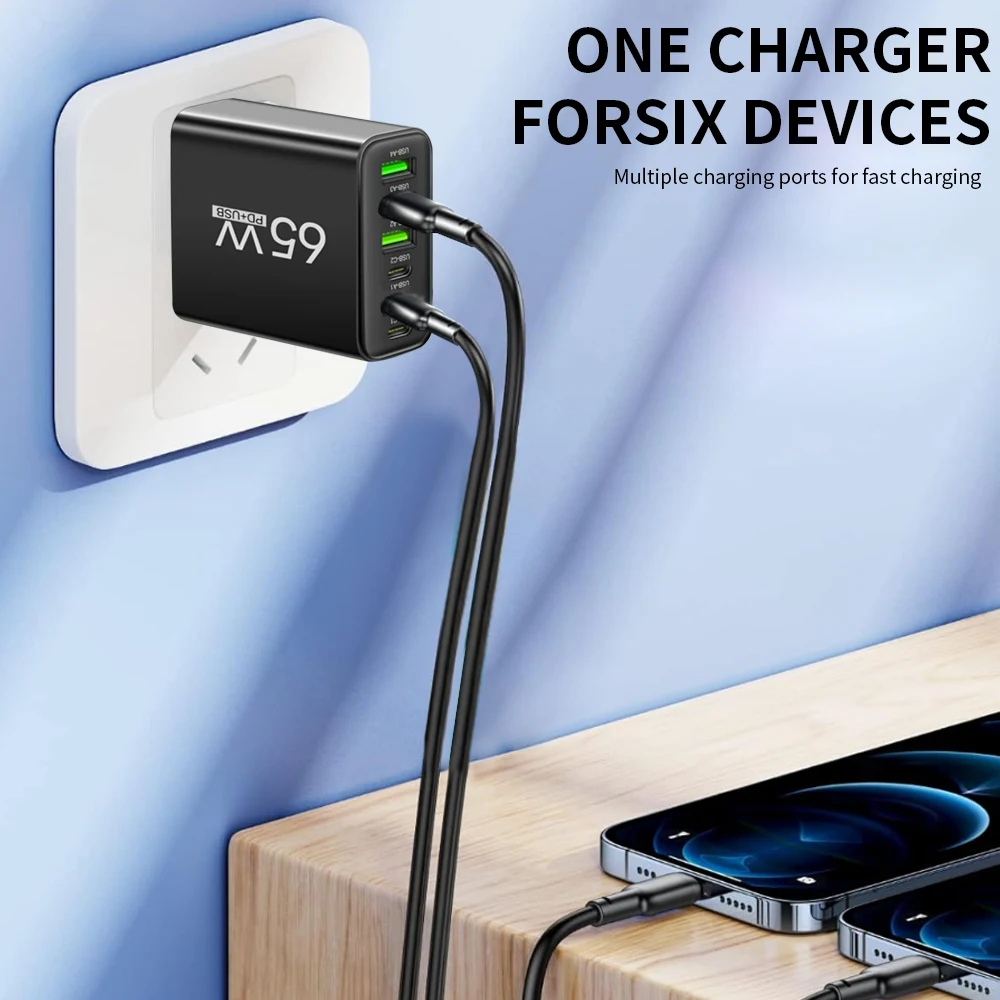 شاحن شحن سريع متعدد المنافذ بقدرة 65 وات QC3.0/USB/Type C/PD 6 منافذ شاحن شحن سريع لهاتف iPhone15 Xiaomi Samsung مقبس السفر