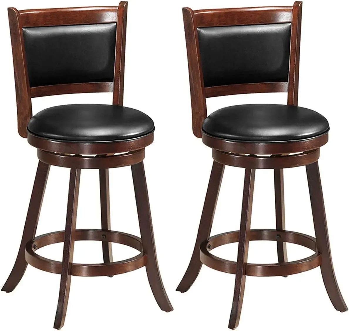 COSTWAY Bar Stools Set of 2, 360 Degree Swivel, Accent Wooden Swivel Seat Counter Height Bar Stool, Leather Upholstered Design,