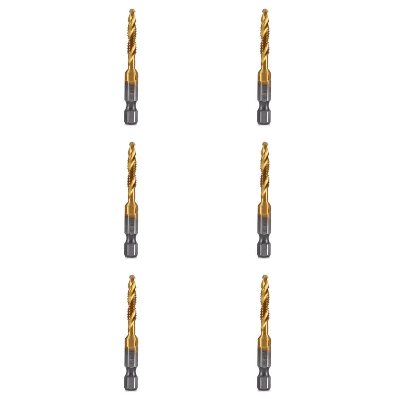 

A93E-6Pcs M5x0.8Mm Hex Shank Titanium Plated HSS Screw Thread Metric Tap Drill Bits Screw Machine Compound Tap Open