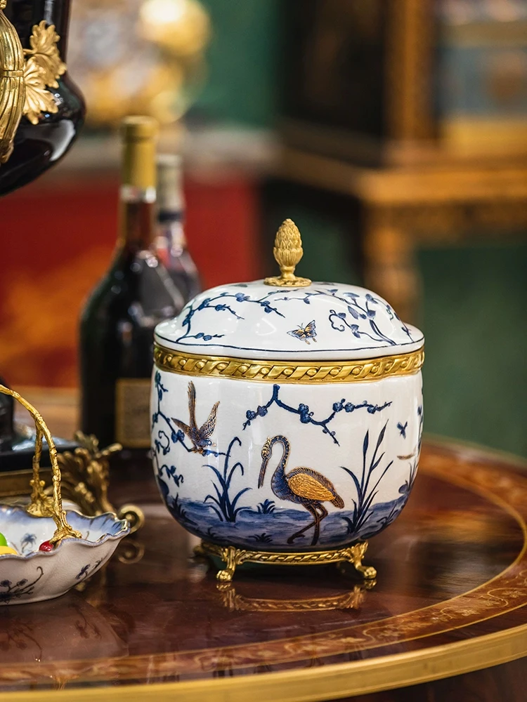 European Style  Brass Ornated Porcelain Candy Jar With Removable Lid Blue And White Footed Ceramic Kitchen Storage Container