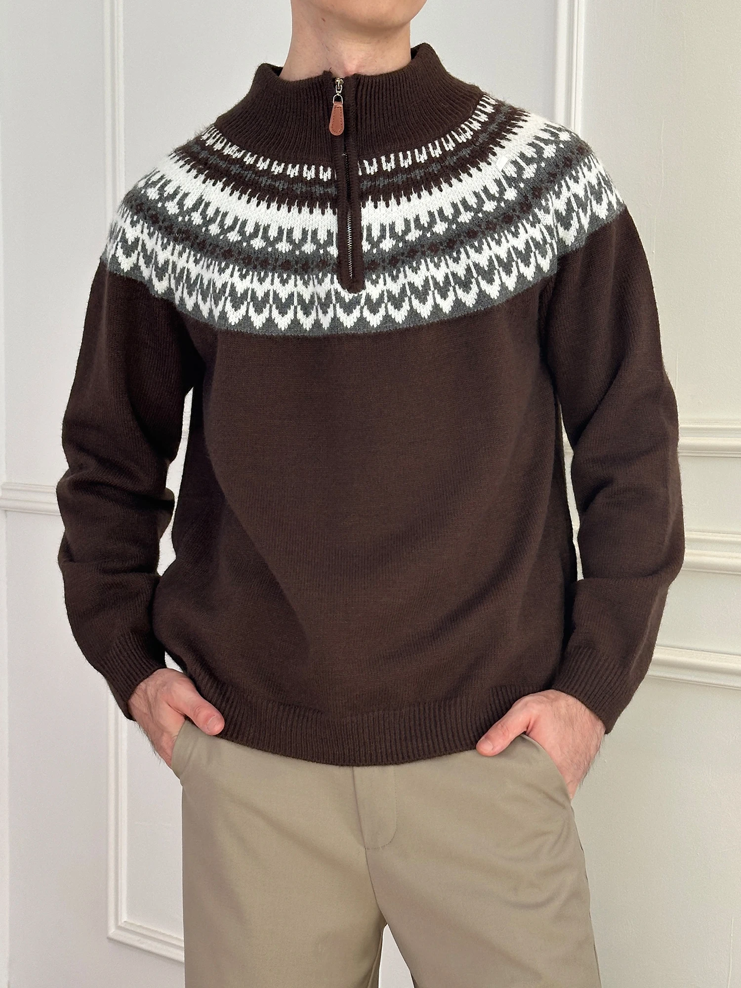 

Мужской вязаный свитер в стиле ретро-американский, с высоким воротником на молнии, повседневный, осенне-зимний, модный, для пар, удлиненный топ