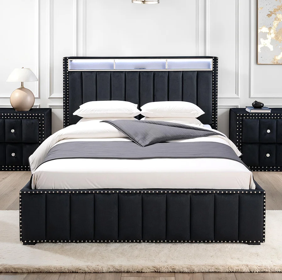 #Black 1pc Queen Size Adjustable Modern Soft Bed Storage Shelves LED Channel Tufting Velvet Fabric Bedroom Furniture