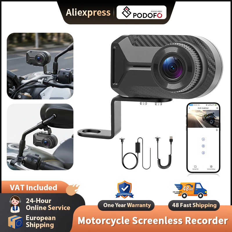 Podofo Dashcam per Moto Senza Schermo 1080P HD, Impermeabile IP66 110° ° Registratore Video per Moto con Registrazione in Loop