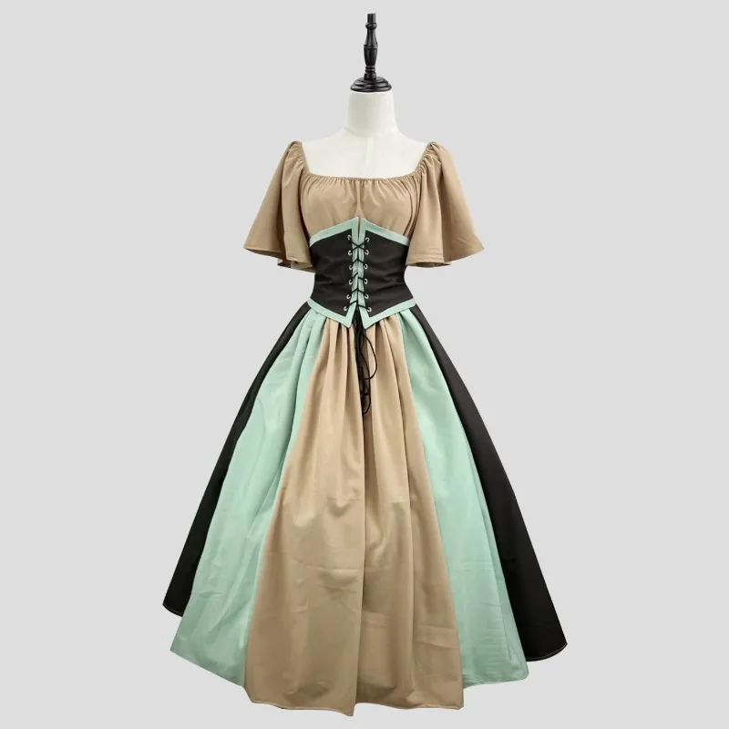 European Medieval Retro Contrast Color Stitching Flying Sleeves Court Fancy Vintage Queen Elegant Dress Halloween Costumes