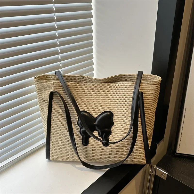 Large capacity straw bag women's summer butterfly commuter tote bag women casual seaside beach bag