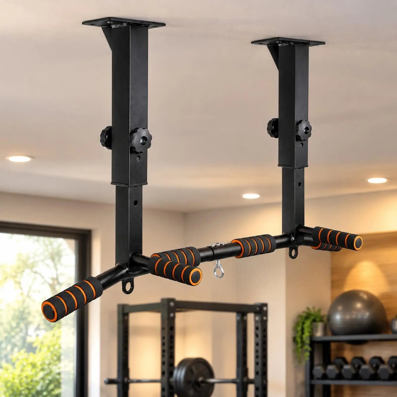 Steel Wall Mounted Pull Up Bar Adjustable Foam Grip Sections with Attachment Points for Versatile Home Gym and Stretching