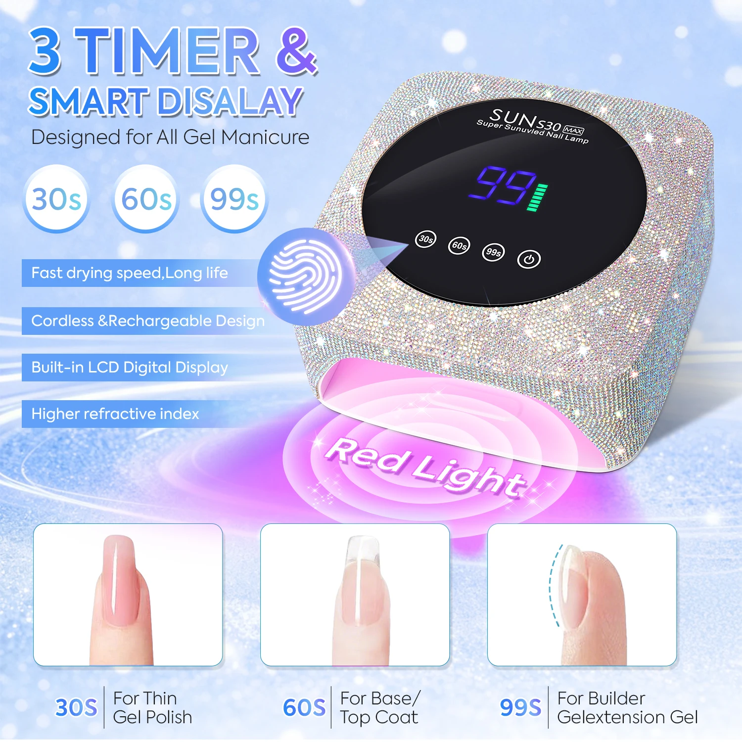 Lampe à ongles UV LED Diamond Design avec triple réglage du minuterie et système de guérison rapide rechargeable pour la maison ou le salon