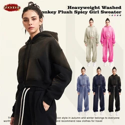 ZODF Women New Monkey Washed 375gsm Crop Hoodies For Female Girls Rereo Loose Warm Fleece Hooded Pullovers Streetwears HY0686