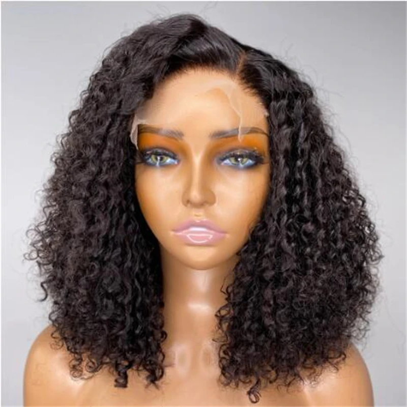 Perruque Bob Lace Front Wig crépue bouclée 14 pouces, perruque courte, douce, densité 180%, cheveux de bébé, naissance des cheveux naturelle, préplumée, sans colle, pour femmes noires, 03/3