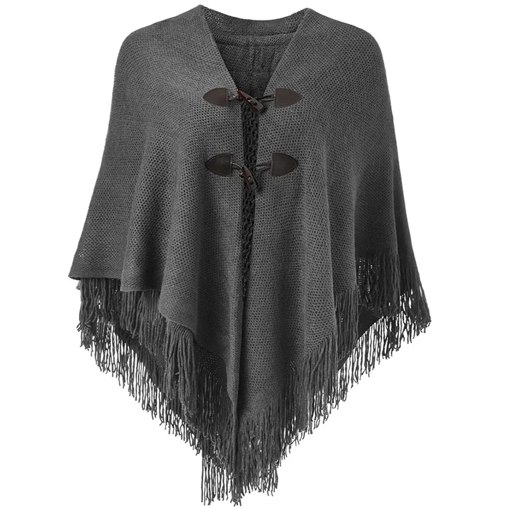 Moda kobiety Poncho Tassel kobieta Pashmina róg przyciski szale szalik kobiet luźne Poncho Wrap wełniana peleryna kobiety szale