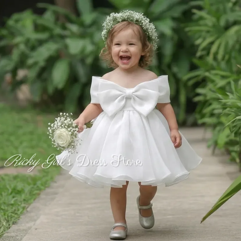 Customized White Flower Girl Dresses For Wedding Big Bow Princess Birthday Party Performance First Communion Ball Gown