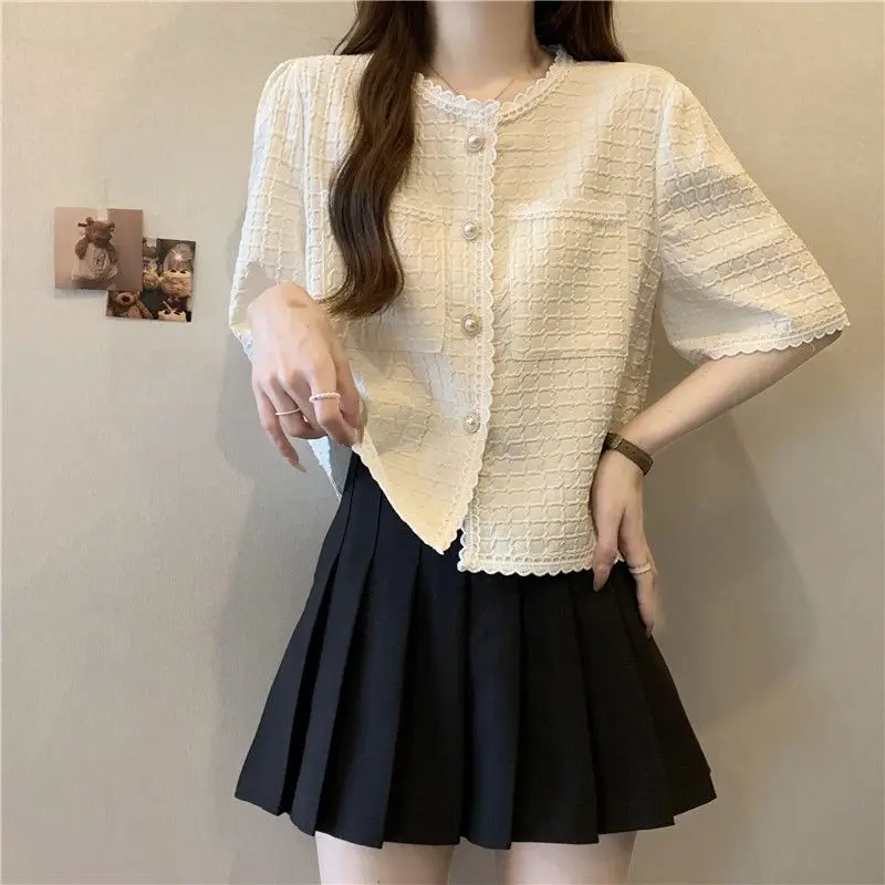 

Ele Lace Trim ort Sve irt Women's Faionable Charming Top Cotton 00% Summer High End irt Anti Aging Upper Body