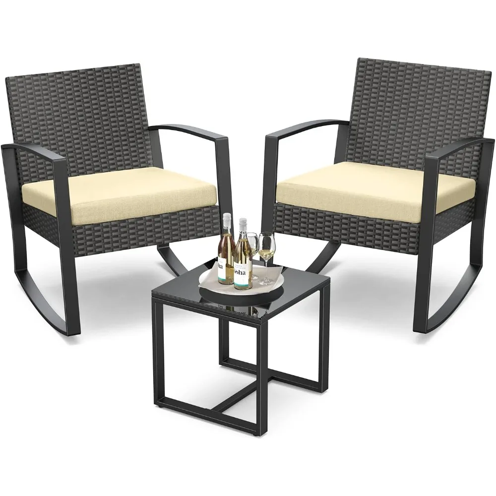 

3 Pieces Porch Furniture Set Patio Rocking Bistro Set Outdoor Patio Chairs Rattan Conversation Sets with Coffee Table for Front