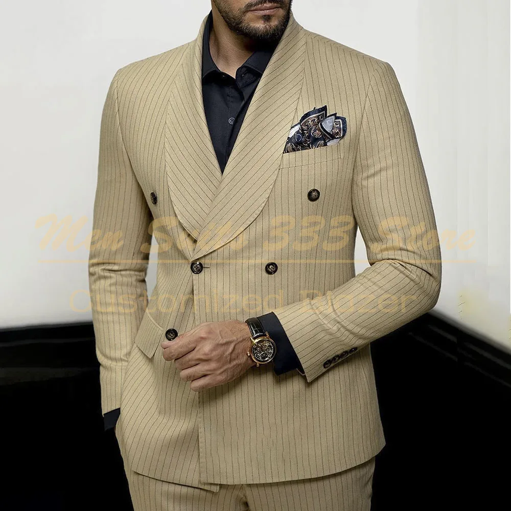 

KSDN Fashion Pinstripe Suits for Men Formal Double Breasted Shawl Lapel Slim Fit 2 Piece Jacket Pants Sets Customzied Outfits