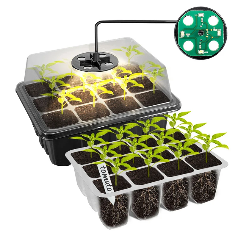 1 paquete de bandeja de inicio de semillas con luz para plantas, kits de bandejas de inicio de plántulas con cúpulas de humedad ajustables y Cable de datos USB