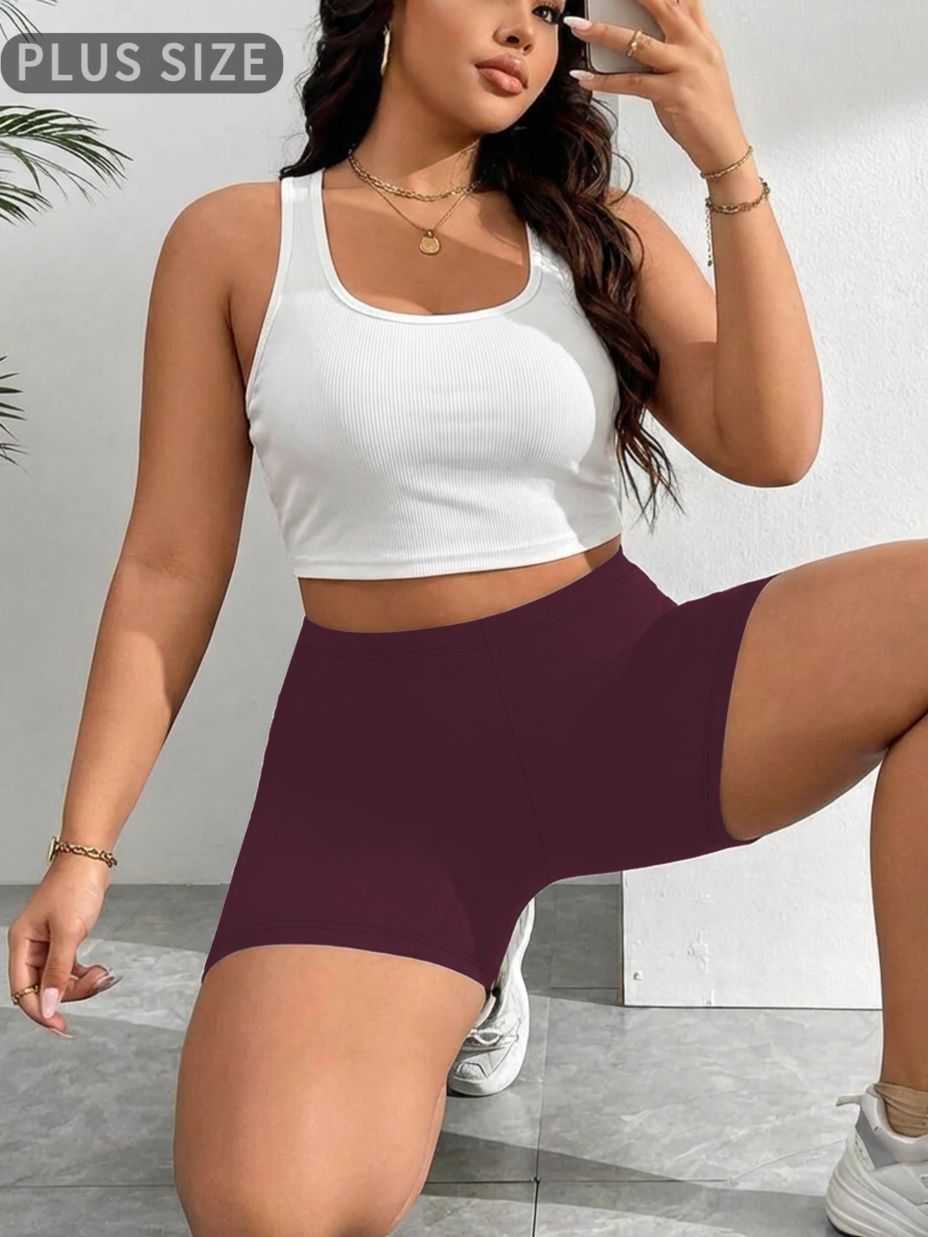 

Plus Size Women's High Elastic Biker Shorts, Super Soft Proof Yoga Running Cycling Workout Gym Fitness Activewear Tights