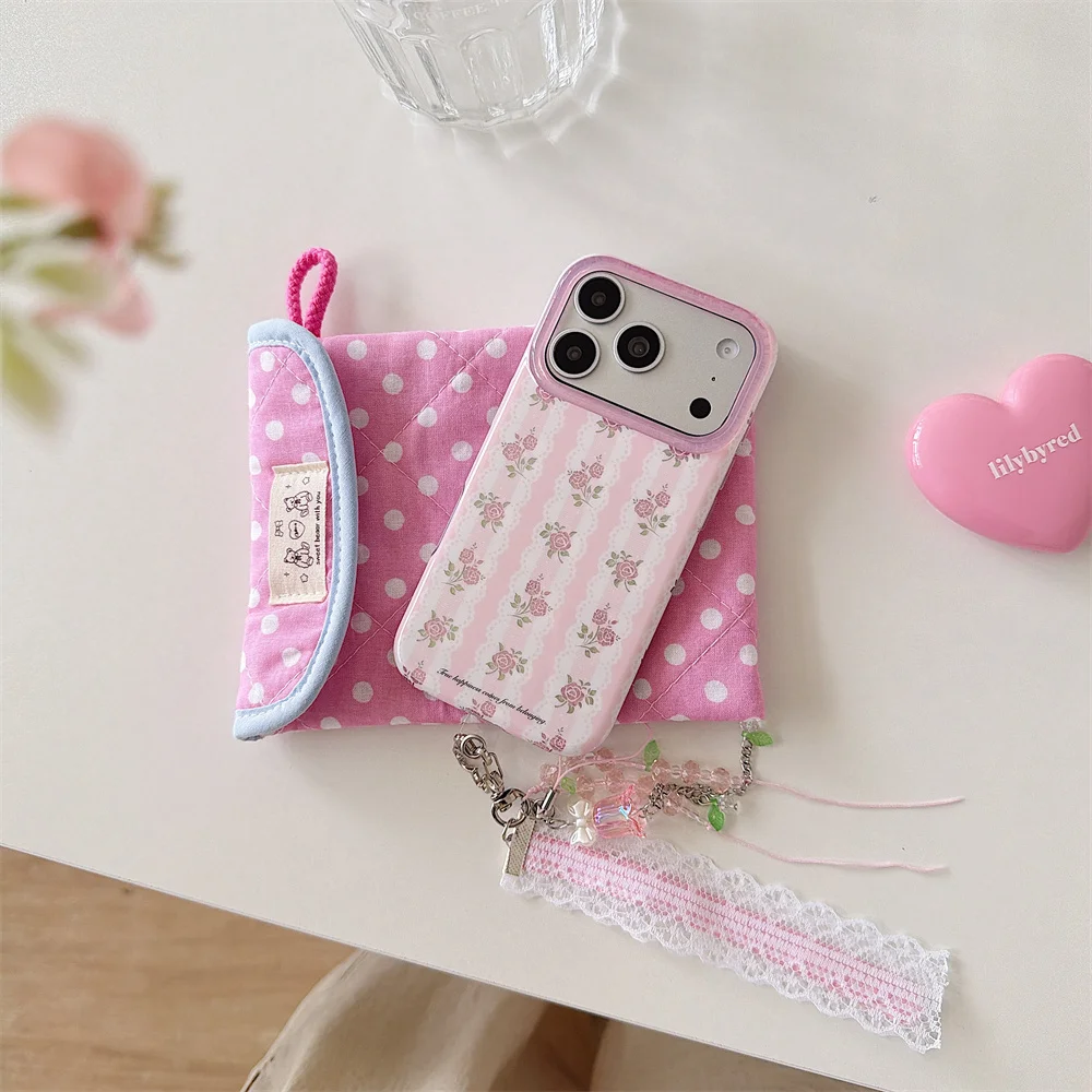 Pink Stripe Floral Rose Phone Case For iPhone 15 16 17 Pro Max With Lace Bead Wrist Strap Pink Camera Frame Shockproof Cover
