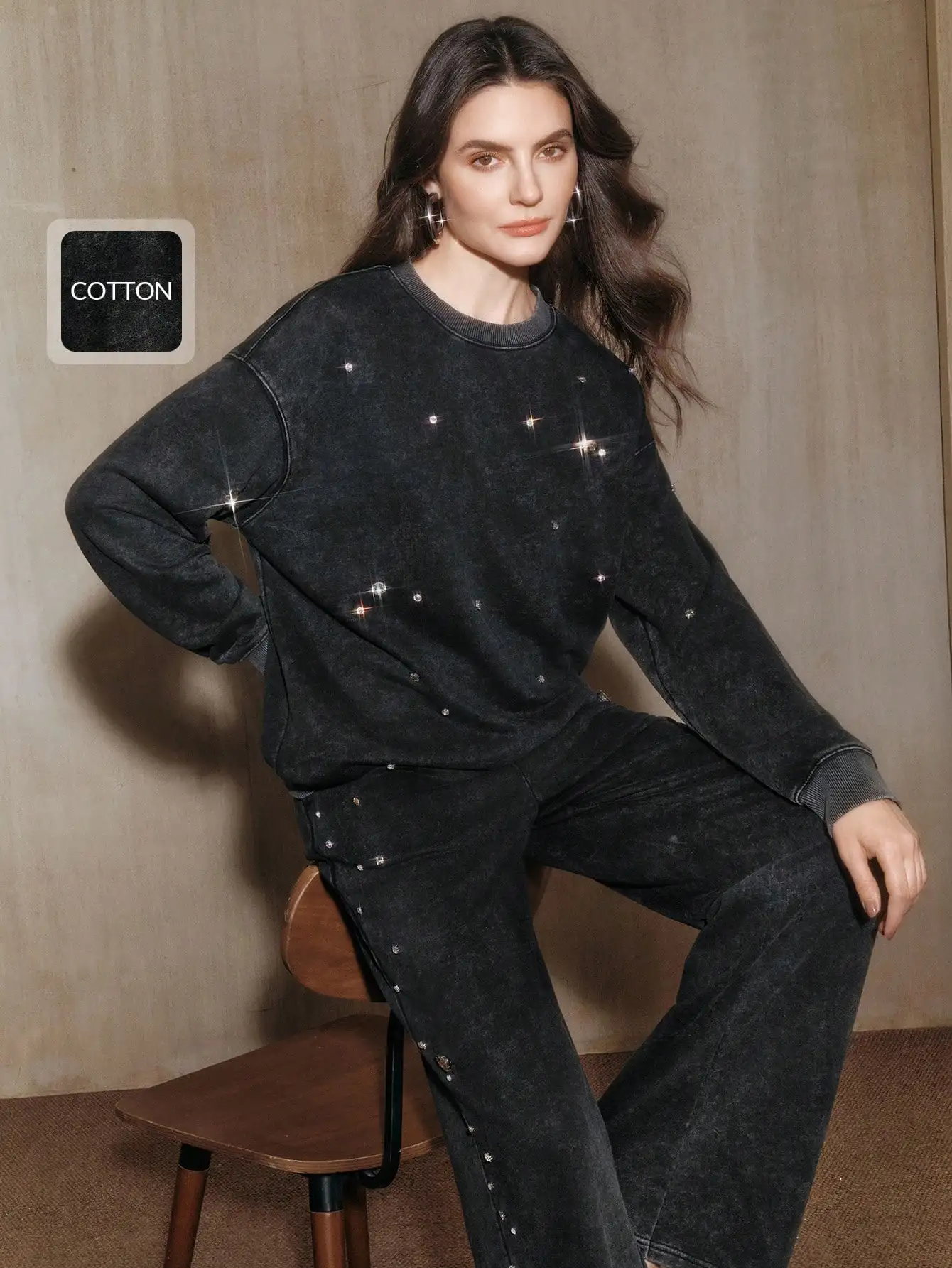 

Women's Black Washed Cotton Sweatshirt with Shiny Beaded Detail, Loose Fit for Autumn Winter Festivals