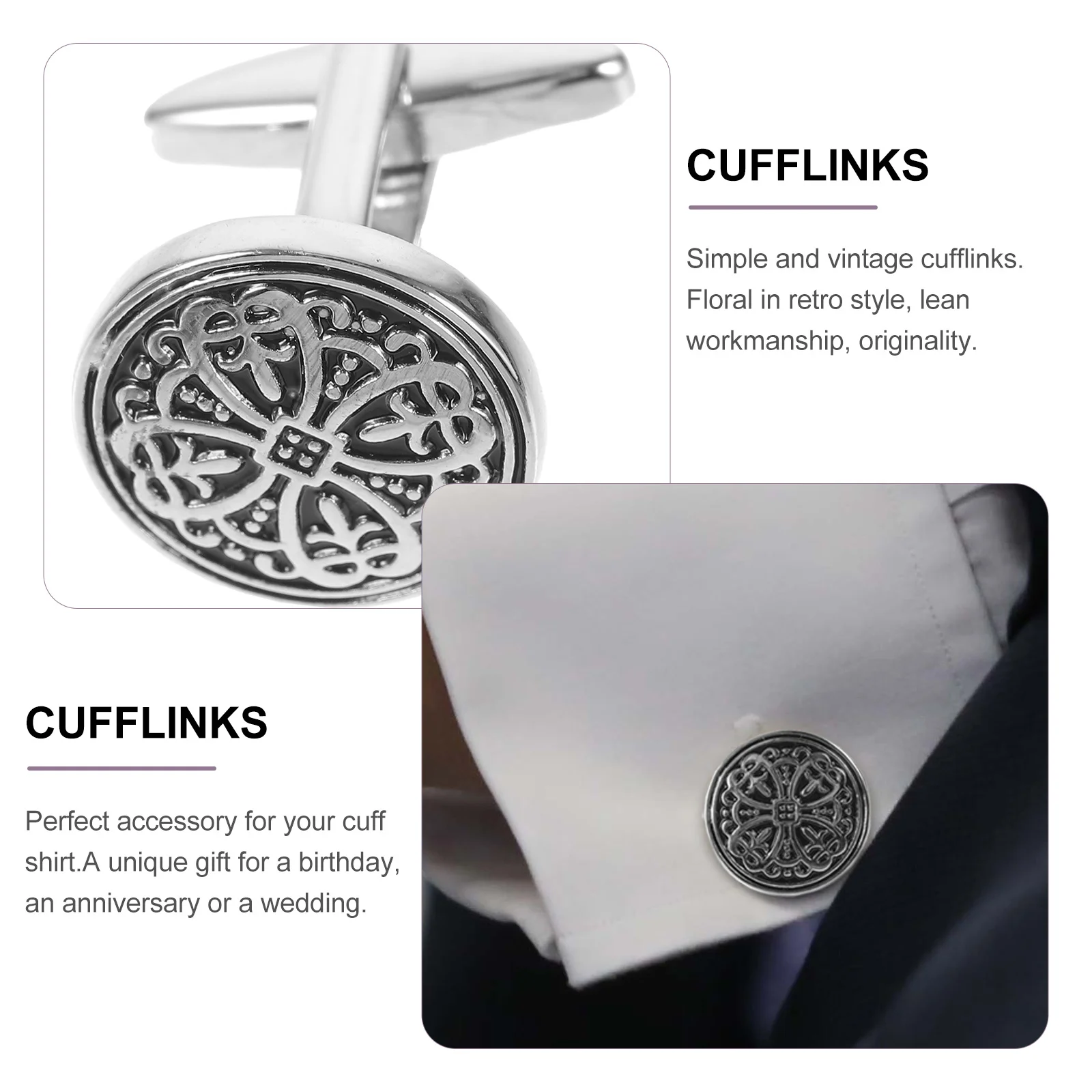 

Unisex Copper Alloy Plating Cufflinks Vintage Floral Silver Black Retro Style Lean Workmanship Wedding Anniversary Gift