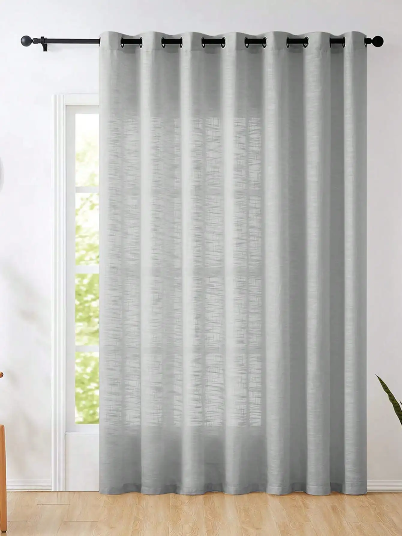 Grey Polyester Linen Texture Semi-transparent Curtains Transparent Farmhouse Style Grommet Curtains,  For Living Rooms, Bedroom