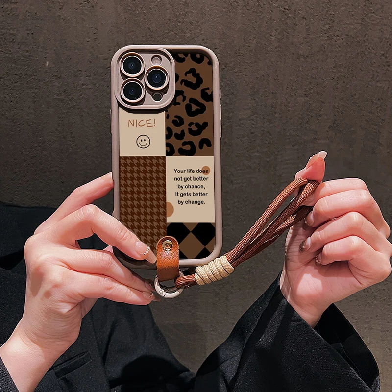 Vintage Leoparden-Lanyard-Handyhülle für iPhone 13 14 15 16 17 ProMax 15 14 13 Pro Plus Stoßfeste Matte Silikonhülle – Detail 2