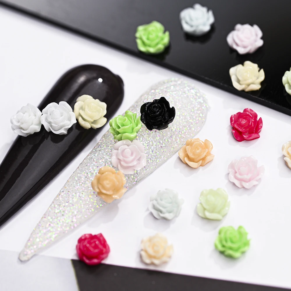 100Pcs Resin Cute Rose Flower 3D Black Rose Five-Petal Flower Petal Flatback Stone Arylic Nail Art Rhinestone Gem Decoration 6mm