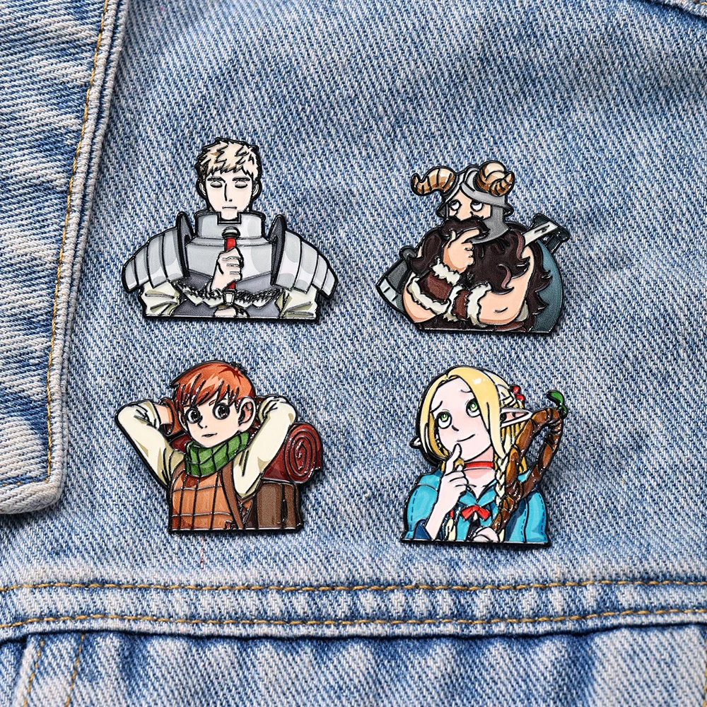Delicious in Dungeon Enamel Pins 4Pcs Set Marcille Laios Chilchuck Senshi Brooches Lapel Badges view 2