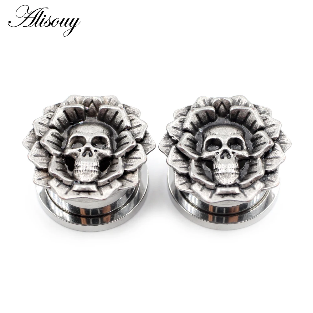 Alisouy 2PC Stainless Steel Ear Tunnel Plugs Expander Skull Flower Star Moon Dragon Cross Stretcher Gauges Body Piercing Jewelry