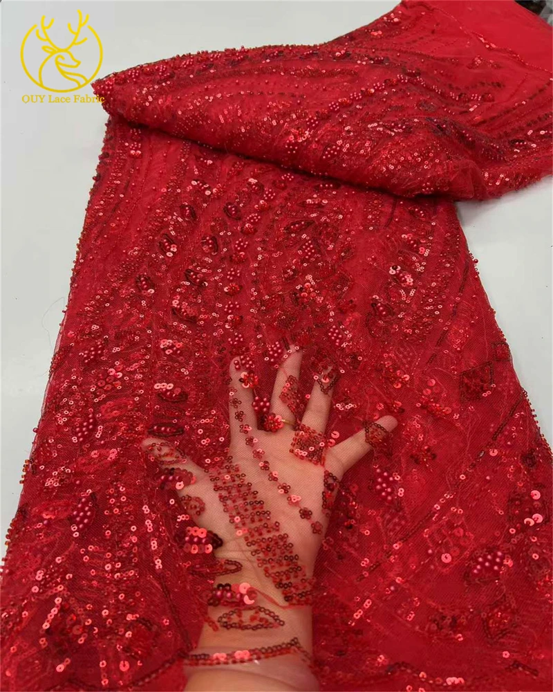 

High-End Luxury Beads French Embroidery Groom Lace Fabric African Nigerian With Sequins Fabric For Wedding Dress RF