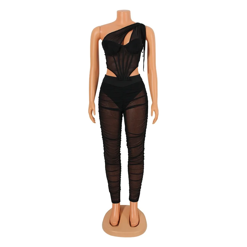 Sexy Nightclub Party Club Banquet Prom Mesh See Through Irregular Top Two Piece Jumpsuit