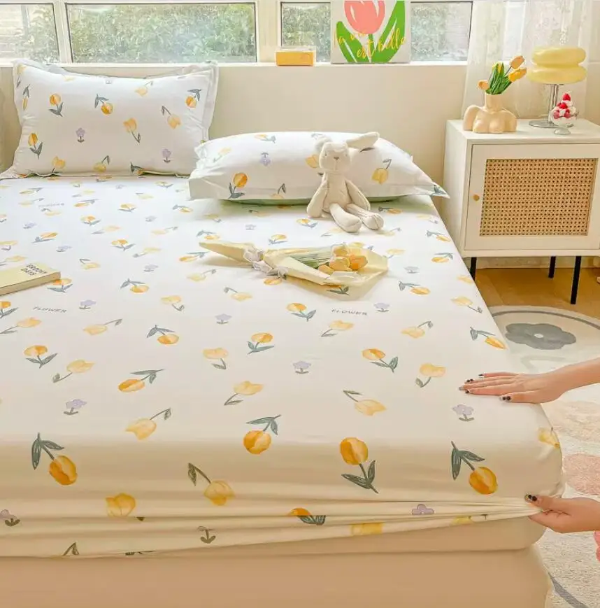 Drap-Juste 100% Coton avec Bande artificiel astique et 2 Taies d'Oreiller, Juste de Matelas à Imprimé Floral avec Poche Extra Profonde de 20 Pouces et 50cm de Profondeur