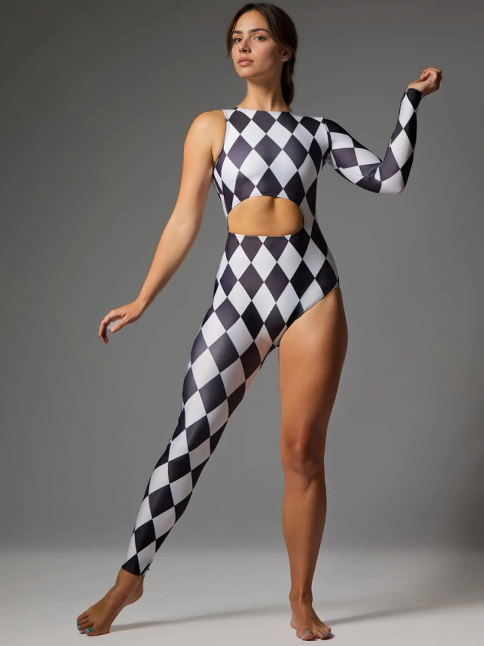 IOOTIANY Diamantgitter-Clown-Zentai-Jumpsuit, Spatenmuster-Gestreifter Zirkus-Bodysuit, Unregelmäßiges Bühnenkostüm für Halloween-Party-Aufführungen – Detail 7
