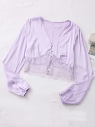 Autumn Spring Blouse V-neck Button-breasted Lantern Sleeve Satin Short Shirt Female  Splicing Lace Solid Color Tops GX1157