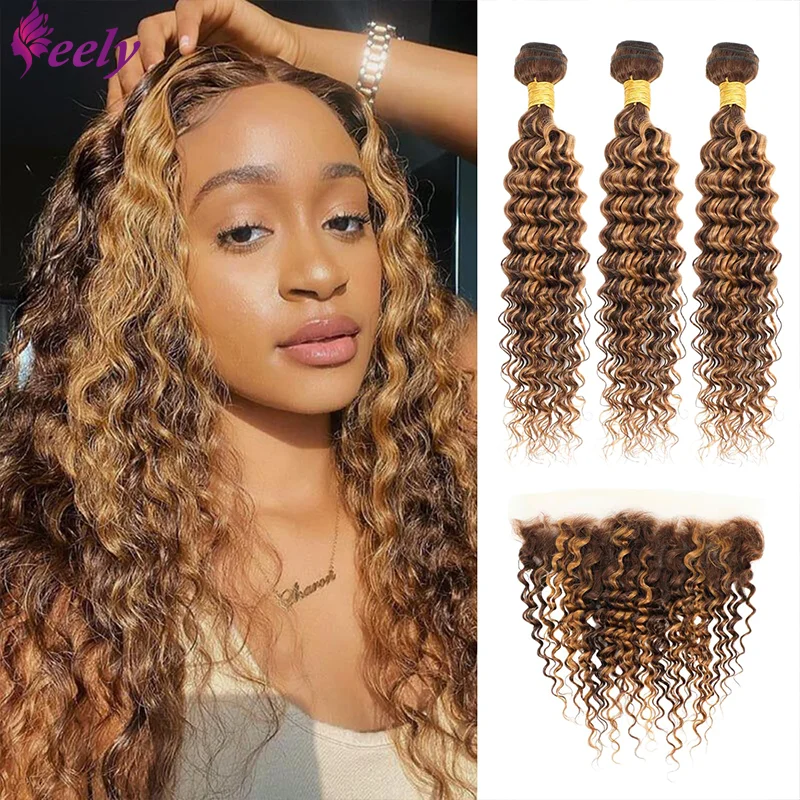 Deep Wave Bundles with Frontal Human Hair 3 Bundles with 13x4 Ear to Ear Lace Frontal with Brown Curly Thick Bundles Hair P4/27