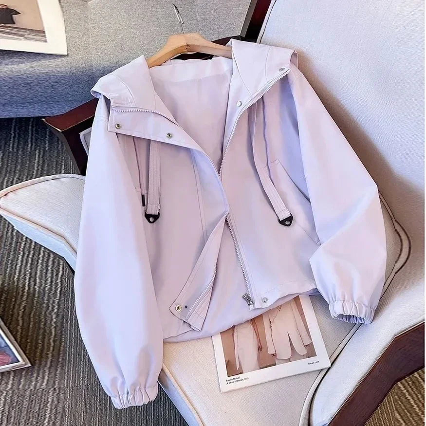 الأرجواني سترة معطف 2025 جديد قصير عادية المرأة مقنعين خندق معطف ربيع الخريف المرأة فضفاضة سترة واقية المرأة سترة علوية #3