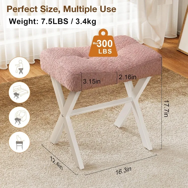 Vanity Stool, 18 Inch Saddle Seat Makeup Stool with Metal X Legs, Breathable and Soft Boucle Fabric Footrest, Ottoman Foot Rest