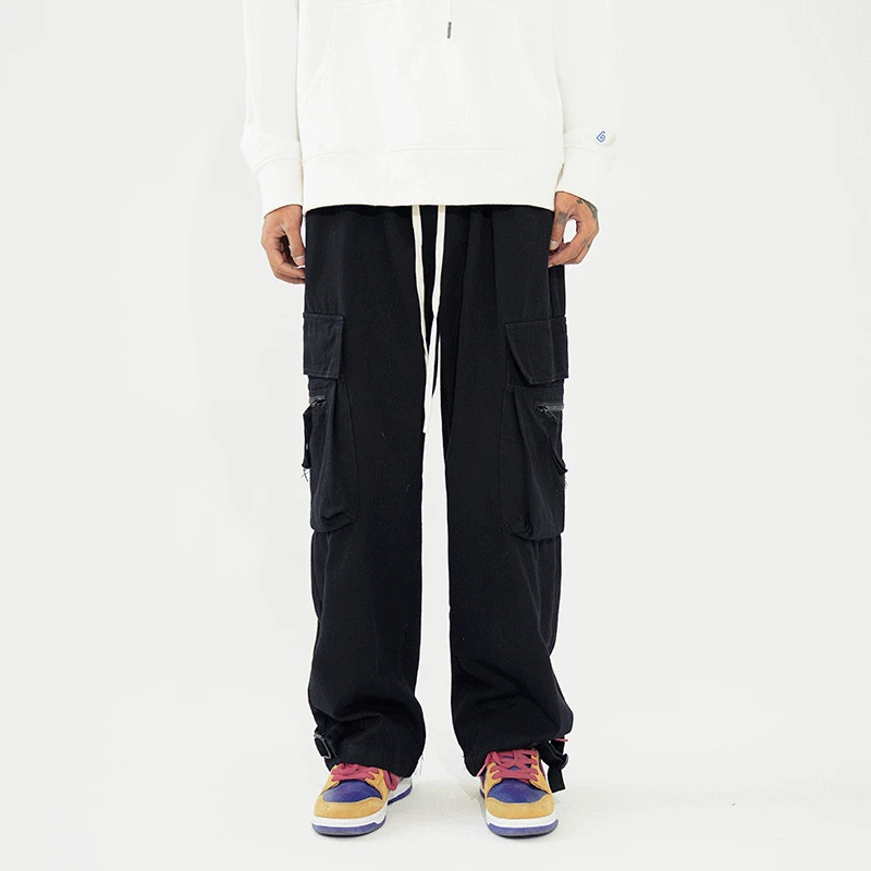 Summer American Vintage Red Cargo Pants Unisex Loose Straight Leg Wide Trousers Trendy Big Pocket Casual Style