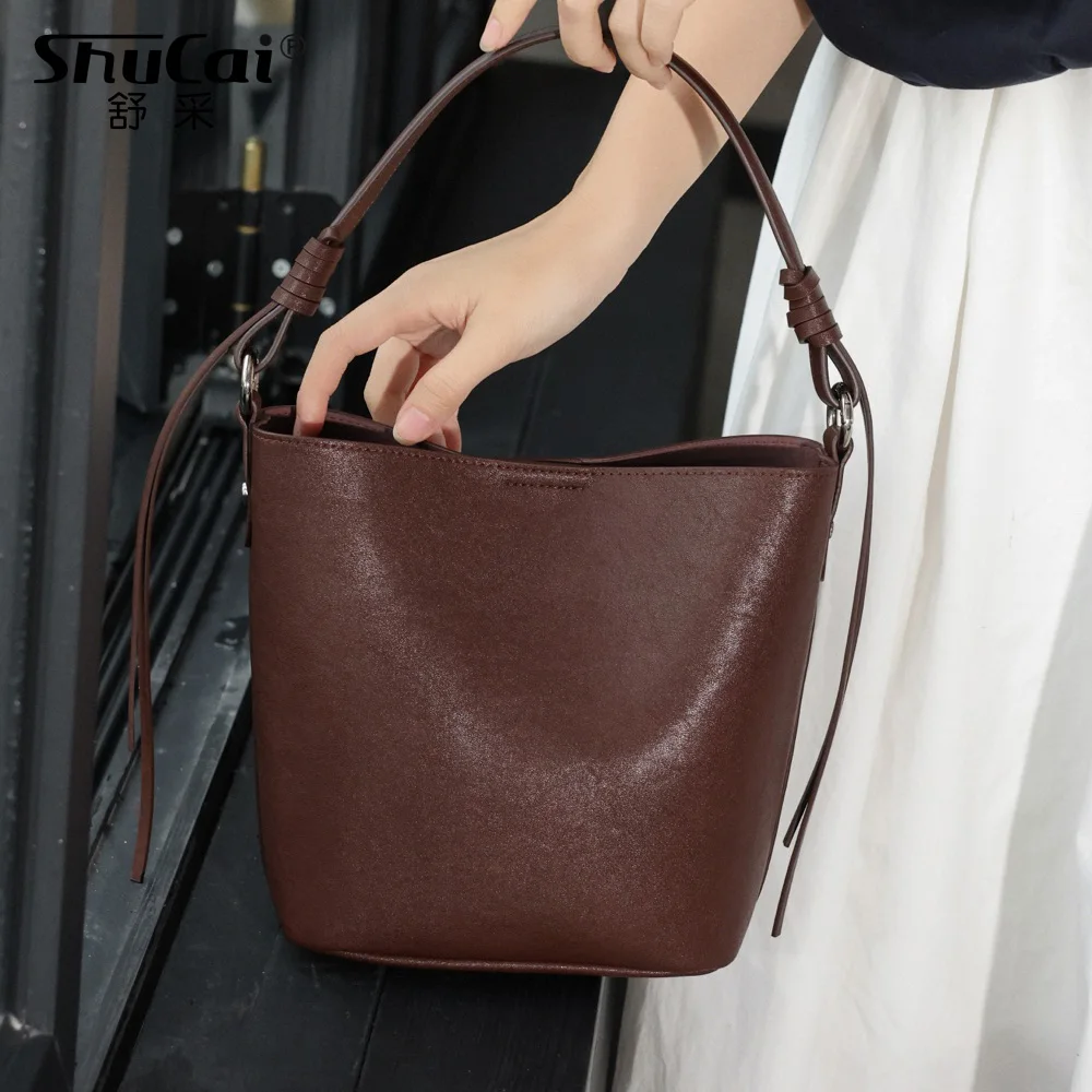 

Genuine Grade Cow Leather Women Shoulder Crossbogy Chocolate Bags Luxury Designer Brand Ladies Handbags Female Black Bucket Bag
