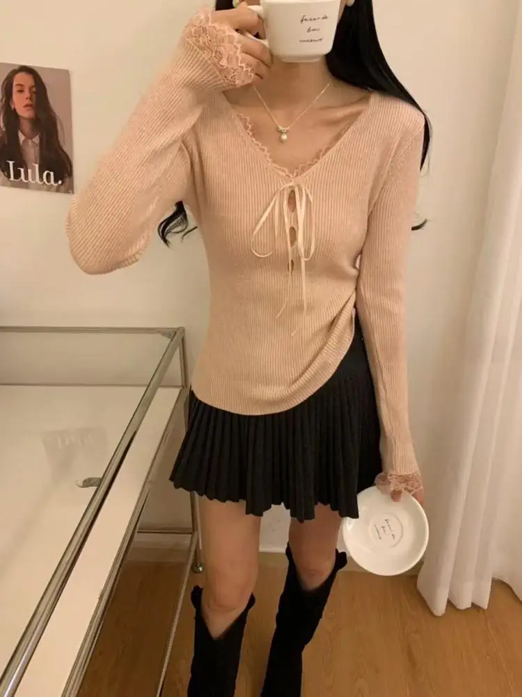 

Korean Vintage Solid Lace V-neck Bow Bandage Long Sleeved Pullover Sweater Women's Autumn Winter Hollow Out Slim Knitwear Tops
