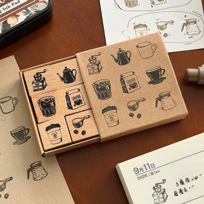 Vintage Coffee Pot Cup Bean Wood Stamp Set for Diary Junk Journal Deco DIY Handicraft Material Scrapbooking Wooden Seal view 3