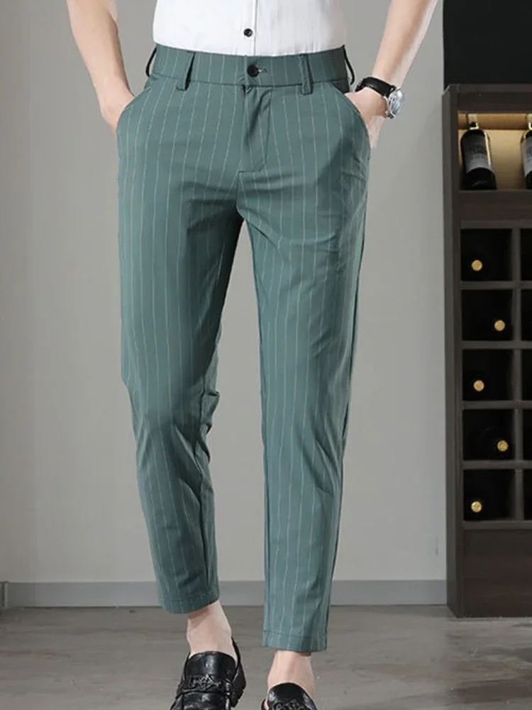 Calças de terno masculino de ajuste fino, roupas de primavera, roupas de trabalho de alta qualidade, oferta de comentários coreanos, muitos novos em up, calças de ternos masculinos